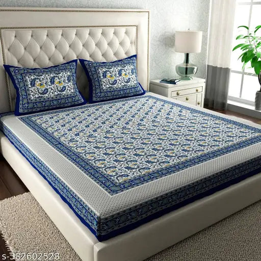 Jaipuri cotton double bed fine print sheets, 160 thread count, 2 pillow covers - elegant and comfortable for your home