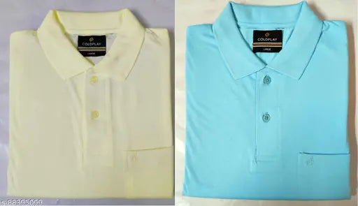 Cream sky cotton blend half sleeve light-weight collar t-shirt with pocket - premium, short sleeves, solid color