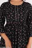 The image shows a woman in a patterned, gathered-style kurti with floral prints and a V-neckline