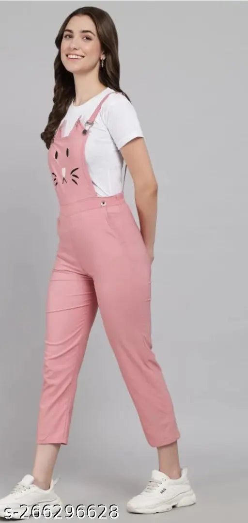 Pink cotton blend fabric dungaree for women, short sleeves, printed pattern