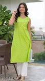 Green rayon sleeveless kurta with printed net pattern paired with rayon palazzos, India origin