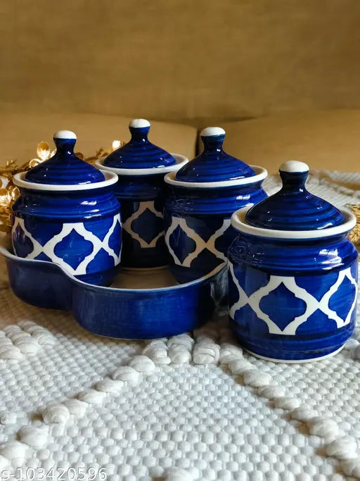 Niyara blue ceramic handpainted multipurpose storage jar airtight set of four 500ml containers with lids tray