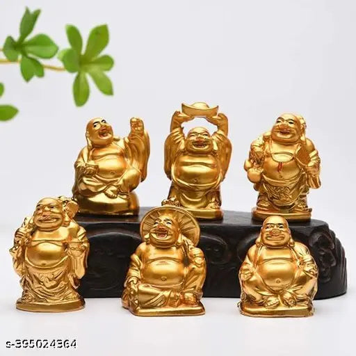 Stainless steel laughing Buddha figurine set in six different poses, bringing wealth and good luck for a prosperous home or office decor