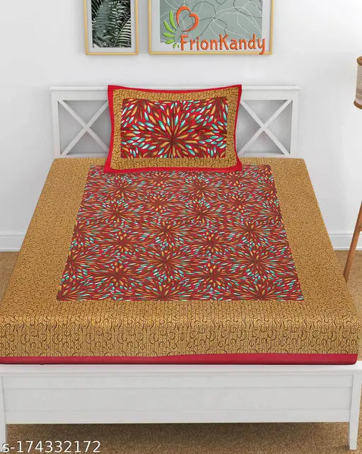 Floral print cotton single bedsheet with pillowcover, vibrant indian floral design for fitted beds