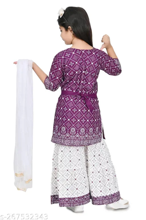 Purple Rayon Anarkali-Sharara Colorblocked Kurti Sarara Dupatta Set, perfect for kids aged 4-9 years. Elegant and comfortable for parties or everyday wear. Made in India