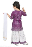 Purple Rayon Anarkali-Sharara Colorblocked Kurti Sarara Dupatta Set, perfect for kids aged 4-9 years. Elegant and comfortable for parties or everyday wear. Made in India