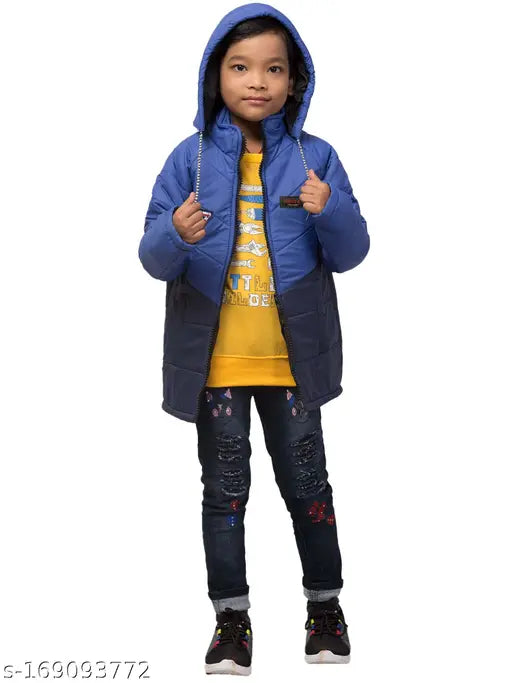 Cute blue and black children's coat with hood, zip closure