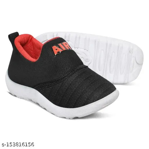 Black sneakers with red logo, suitable for party wear and casual outings