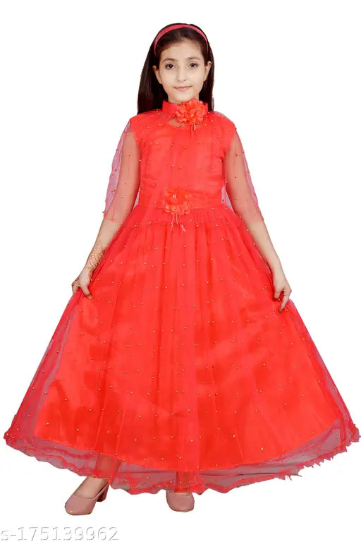 Red lace gown, long sleeves, A-line style