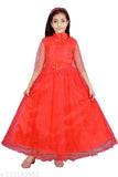 Red lace gown, long sleeves, A-line style