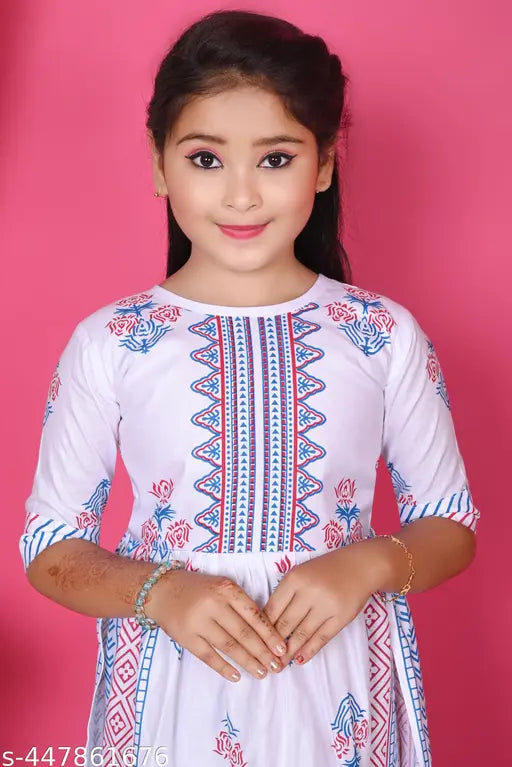 White rayon kurti plazzo set for kids, three-quarter sleeves, printed net pattern on display, sizes 18-24 months to 14-15 years, India origin