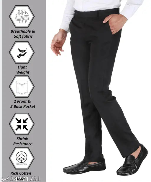 Black slim-fit formal trousers for men, waist sizes 28-38, office meeting attire