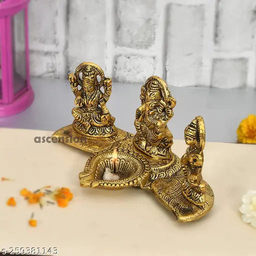 Gold-plated metal Laxmi Ganesh Saraswati decorative showpiece (105 cm), Hindu god idol for Vastu, home, temple, office, gifting, and symbolizing luck and happiness