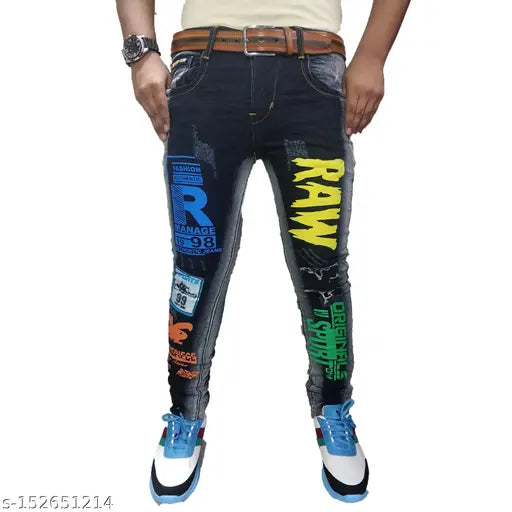 Cotton blend placement print jeans, stylish and funky for everyday life. Available in sizes 28, 30, and 32. Made with comfortable front and back pockets. Indian-made denim jeans