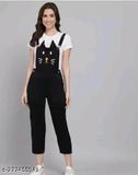Black cotton blend Fannox Enterprises dungaree for women, printed with short sleeves and pink shoulder straps, India origin