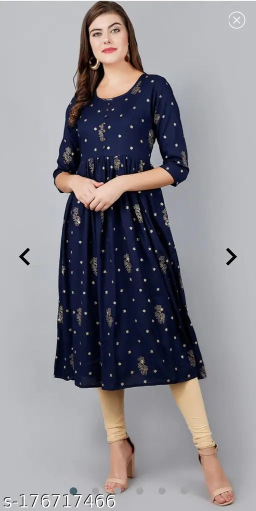 Navy blue kameez with flared sleeves and bottom, featuring a printed pattern on left side