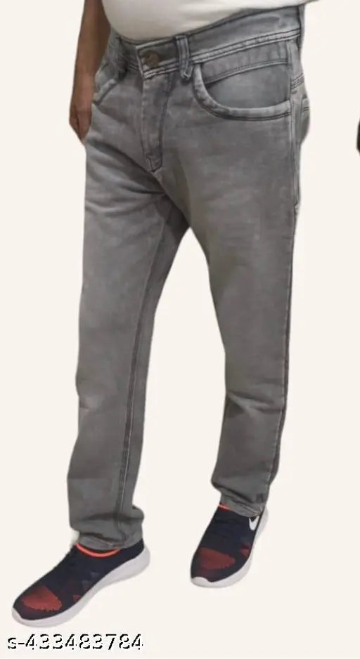 Solid denim men's fashion jeans, 1 pair available in sizes 28, 30, 32, 34, 36, 38 (waist 28-38in, length 42in, hip 28-38in), India origin