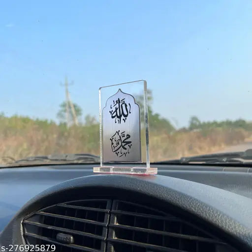 Transparent silver Allah Mohammed Islamic car stand for dashboard, elevating faith during travel