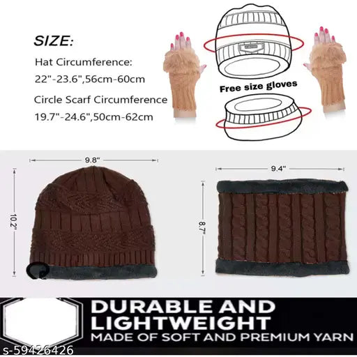 Unisex beanie cap, wool, neck warmer, gloves, snow proof, soft fur, winter cap, premium quality