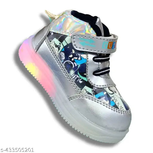 Silver, holographic high top sneakers with rainbow laces