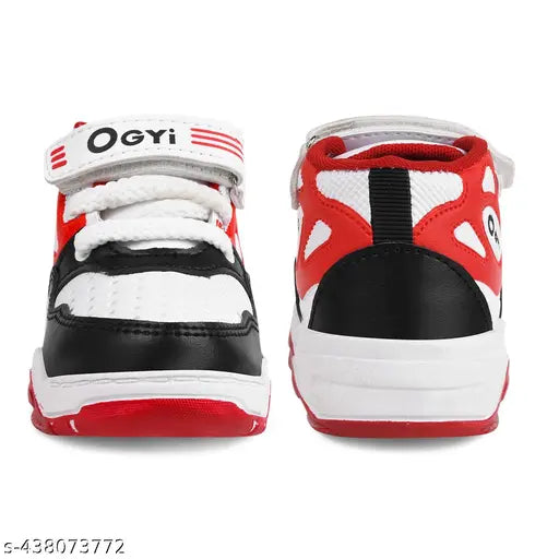 Red and white sneakers with velcro closure
