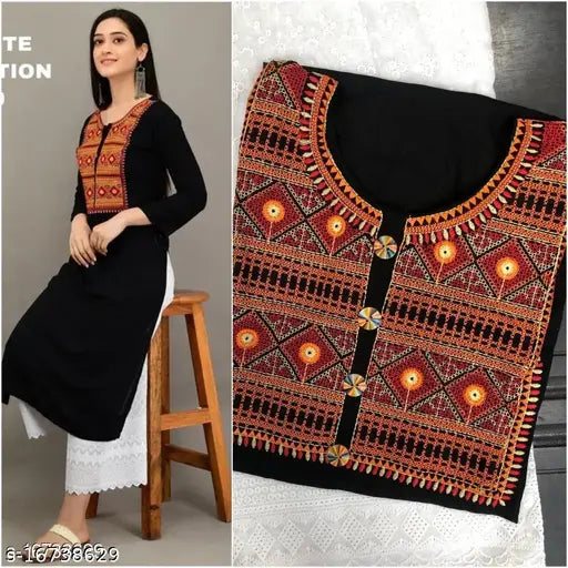 Embroidered rayon kurta set with cotton palazzos for women, Banita Voguish brand, three-quarter sleeves