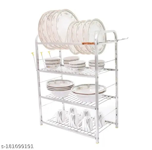Stainless steel kitchen utensil rack with four shelves and a clear container on top