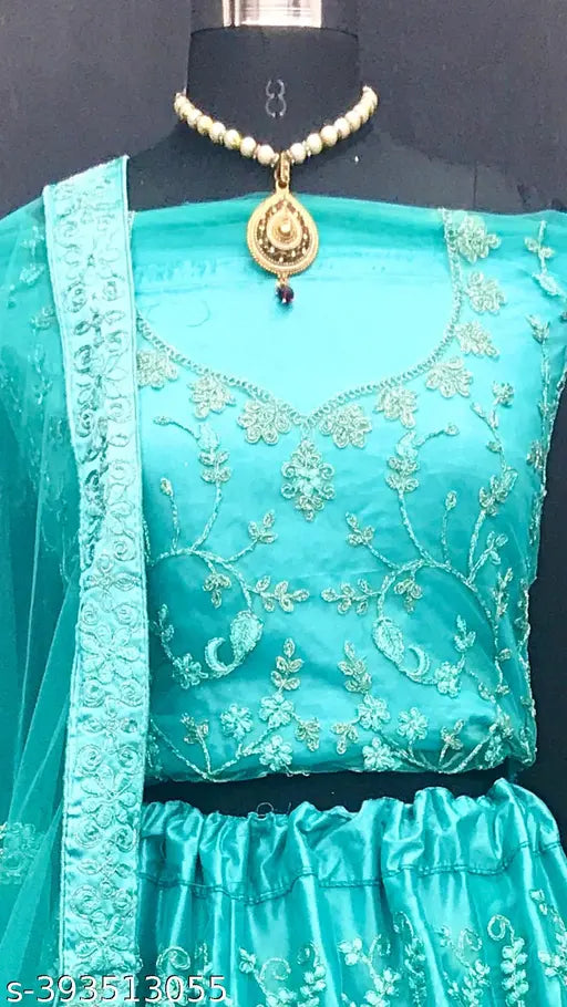 Sea Green Embroidered Net Lehenga Choli Set with Dupatta and Blouse - Indian bridal wear featuring intricate embroidery on net fabric for women's ethnic fashion