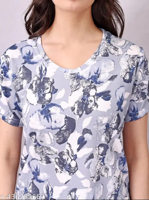 Grey cotton-blend night suit set with printed pattern, suitable for women's sleepwear and daily wear