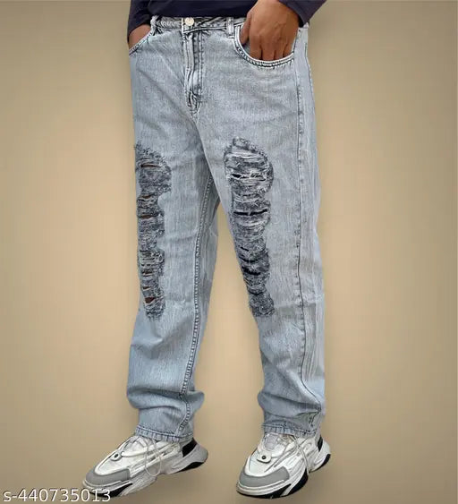 Men's blue denim jeans with holes, casual style