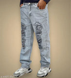 Men's blue denim jeans with holes, casual style