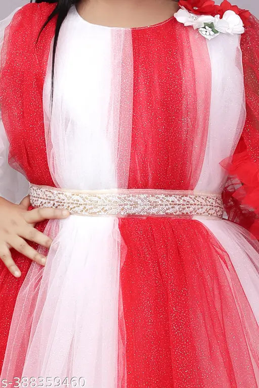 Girls net frock, party wear, festive wedding dress with long sleeves, printed pattern, available in various sizes from 2-12 years, originated in India