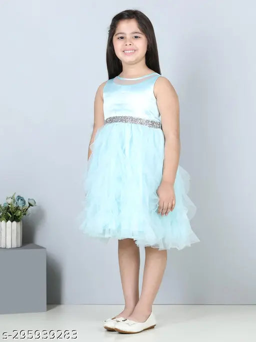 Sky blue knee-length net dress for girls party wear, solid pattern, 1-2 years size with bust size 22in and length size 21in