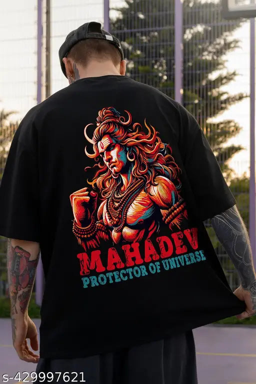 Men's black cotton blend Protector of Universe printed T-shirt, short sleeves, oversized fit
