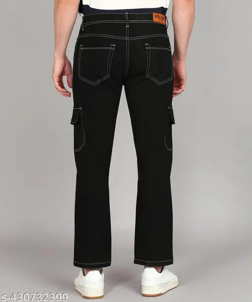 Men's black denim cargo pants, premium design with cargo pockets, versatile for various occasions, high-quality materials, regular fit, size options available