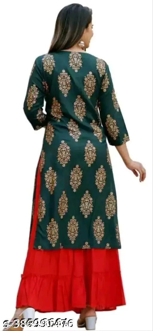 Green, embroidered, long kurta with a red bottom