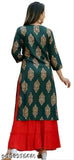 Green, embroidered, long kurta with a red bottom