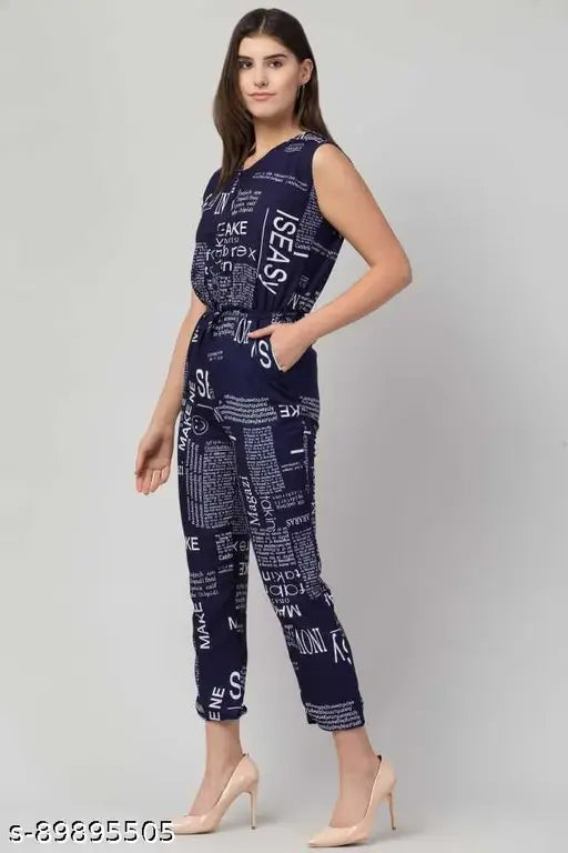 Navy cotton blend sleeveless jumpsuit with western paper print for women, style from Soul Essence