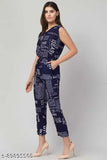 Navy cotton blend sleeveless jumpsuit with western paper print for women, style from Soul Essence