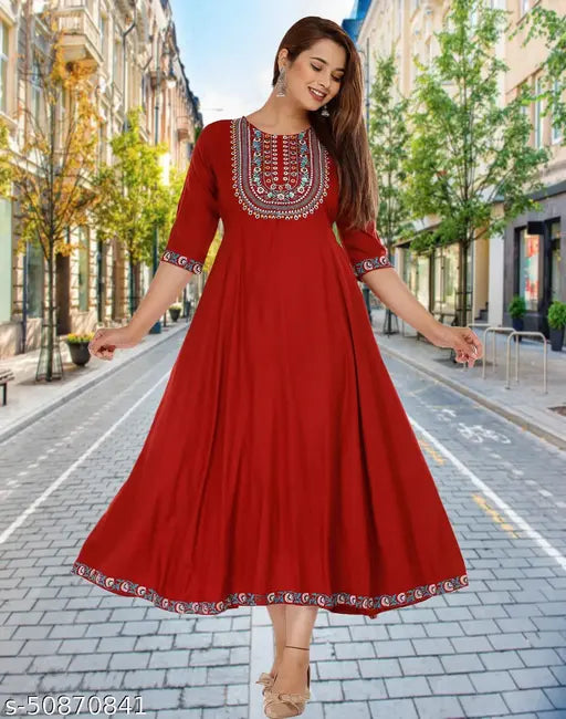 Maroon Rayon Anarkali Gown Kurti, embroidered, A-line, 3/4 sleeve, marvel exports, India