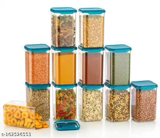 VNS airtight plastic square container set for kitchen storage. Unbreakable design, 1100 ml capacity, set of 12 containers with transparent lids