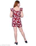 Red printed crepe knee-length jumpsuit, trendy women's wear with side zip closure & tie belt. Ideal for casual outings or parties
