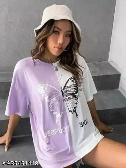 Women's stylish design new trend round neck half sleeve colorblock butterfly print oversized t-shirt