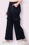 Women's Premium Cotton Wide Leg 4 Pocket Cargos Trousers, solid color, versatile style, elastic waistband