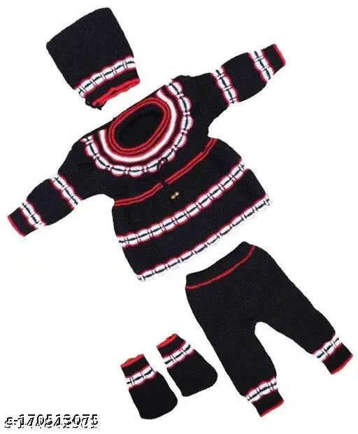 New born baby woolen printed frock set with cap and socks, Indian-made winter clothing for girls