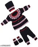 New born baby woolen printed frock set with cap and socks, Indian-made winter clothing for girls