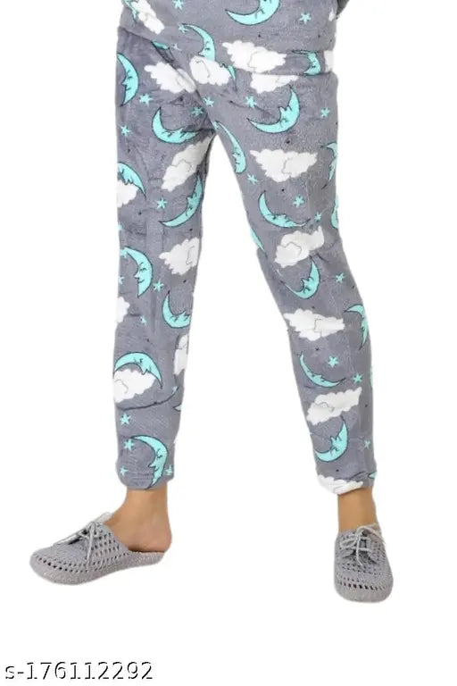 Grey Woolen-Fleece Fur blend women & girls comfort fit full sleeve round neck winter pajama set with velvet print top and bottom