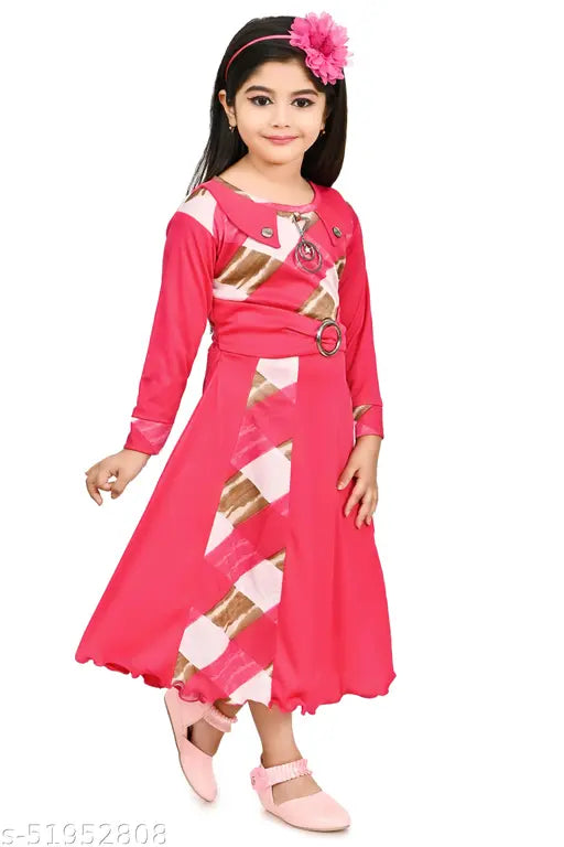 Long-sleeved pink checkered pattern cotton blend round neck flare party dress for kids girl's self-design maxi dress for birthday celebration