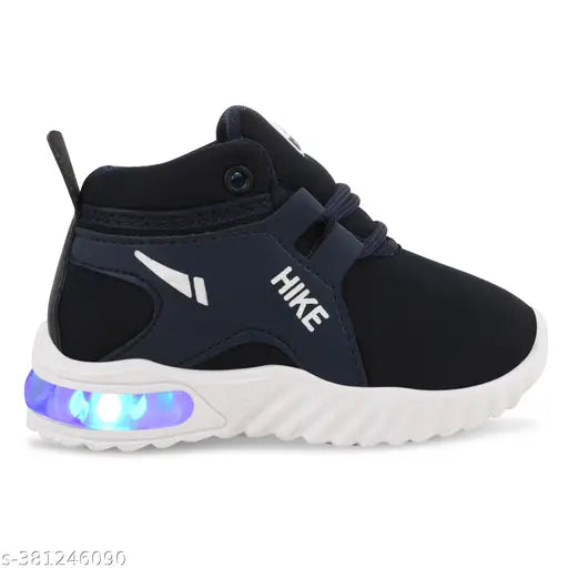 Navy blue sports shoes with LED lights and Velcro straps, designed for outdoor play