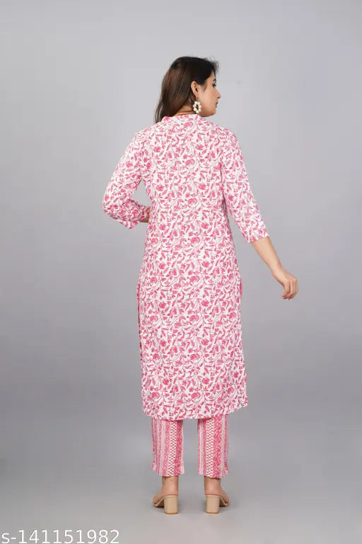 Coral pink rayon contrast print kurti-plazzo set for women, three-quarter sleeves, printed net design, India origin